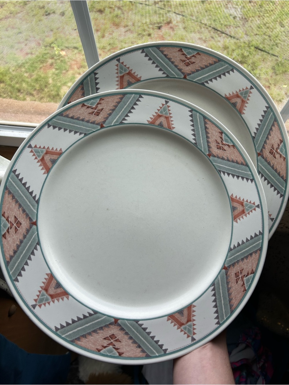 Southwestern Pattern Dinner Plates - Teal and Rust Ceramic Set
